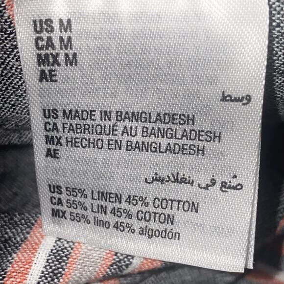 Sun + Stone Mens Medium Serape Stripe Linen/cotton Blend Button Shirt Gray Coral - Picture 6 of 7